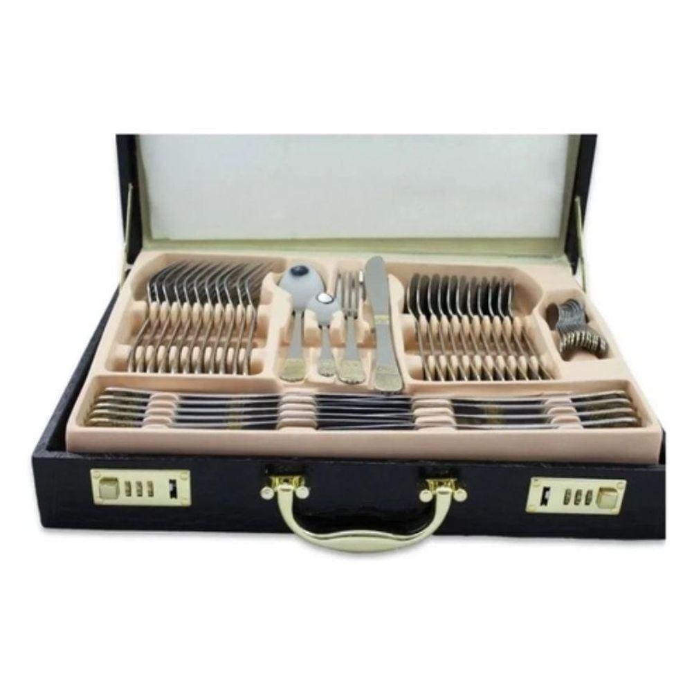 Faqueiro Luxuoso Inox 84 Peças Banhando A Ouro 24K