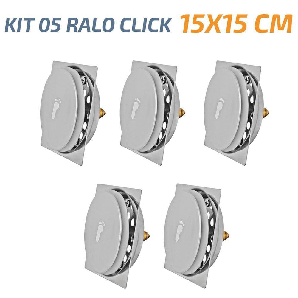 Kit 05 Ralo Click Quadrado 15X15 Inox Veda Cheiro E Insetos