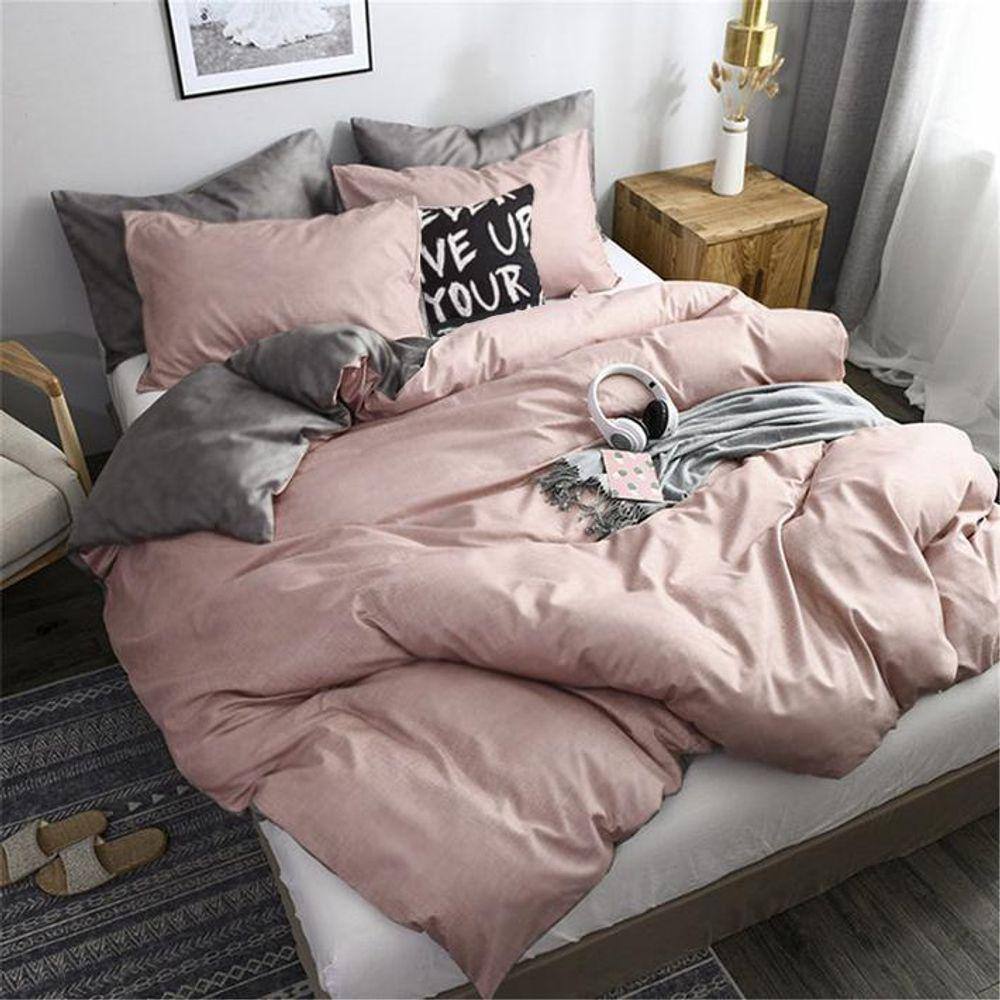 Jogo De Cama Casal Comum Rosé Com Cinza 7 Peças Com Edredom