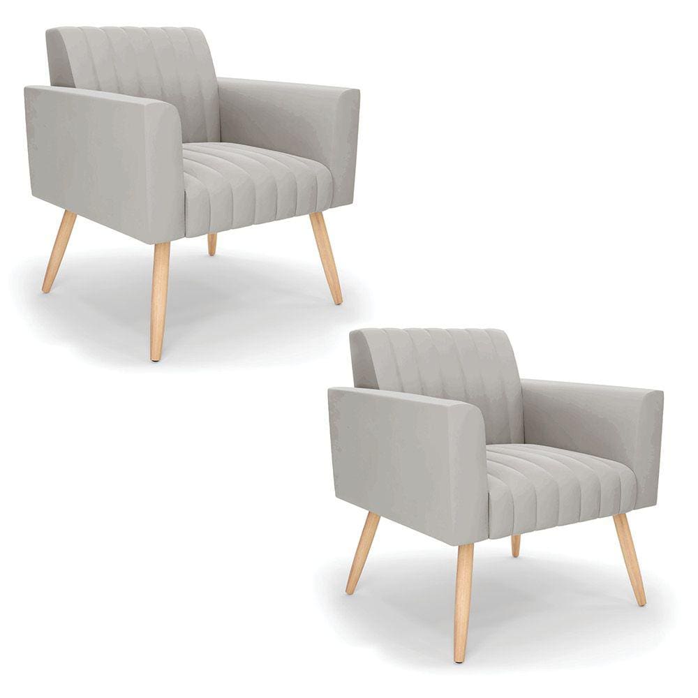 Kit 2 Poltronas Viena Gomada Veludo Cinza Pés Palito Natural - D`Rossi