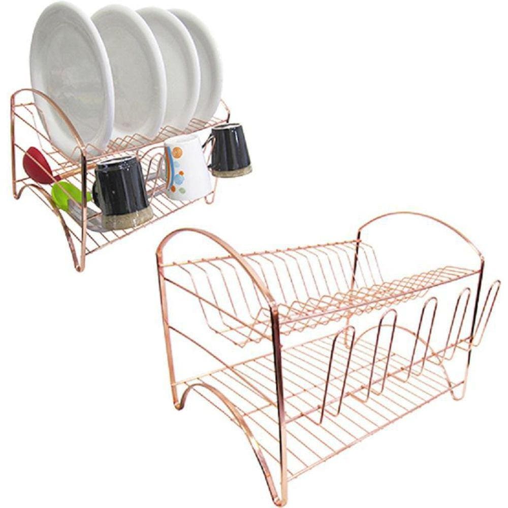 Escorredor Secador De Pratos Duplo Metalizado Rose Gold 36Cm