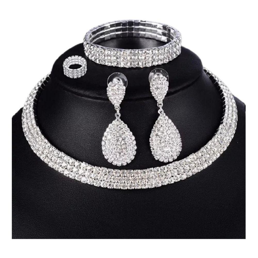 Conjunto Colar Chocker Pulseira Brinco Anel Noiva Strass