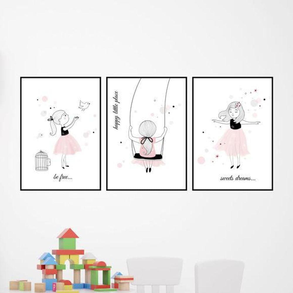 Kit Quadro Decorativo Menina Balanço E Pássaro 45X34 3 Peças