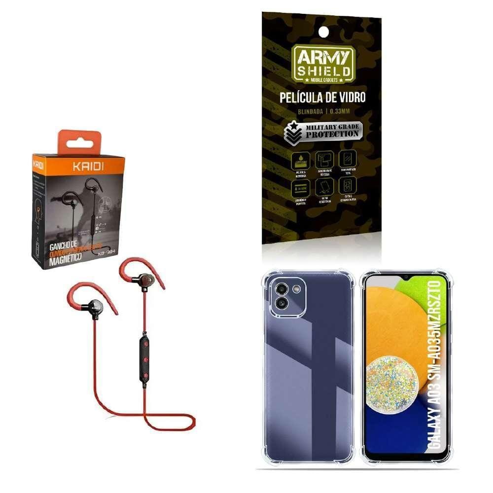 Kit Capinha Samsug A03 Fone Bluetooth E Película De Vidro 3D