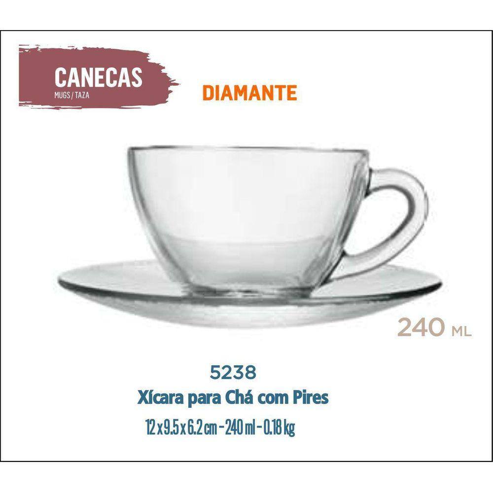 06 Xícaras Com Pires Astral 240Ml-Café C/Leite Chocolate Chá