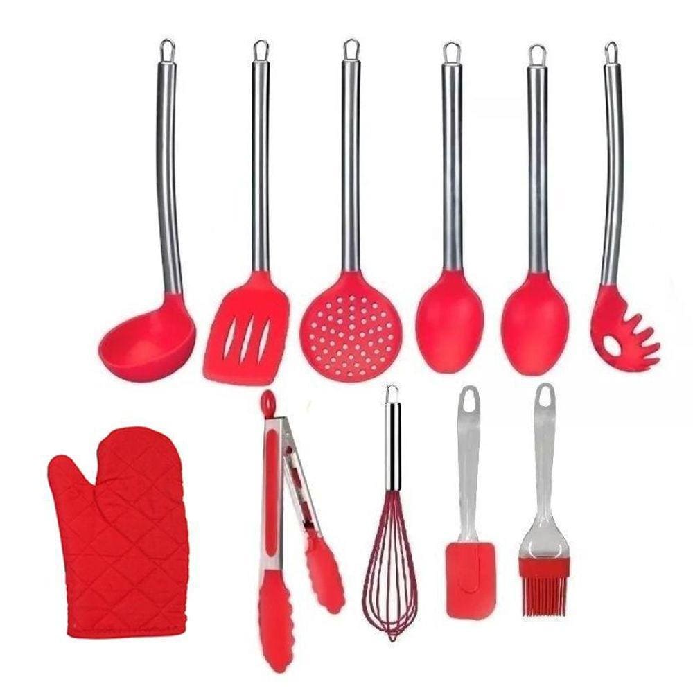 Kit Colheres De Silicone Cabo Inox Utensílios Vermelho 11 Pç