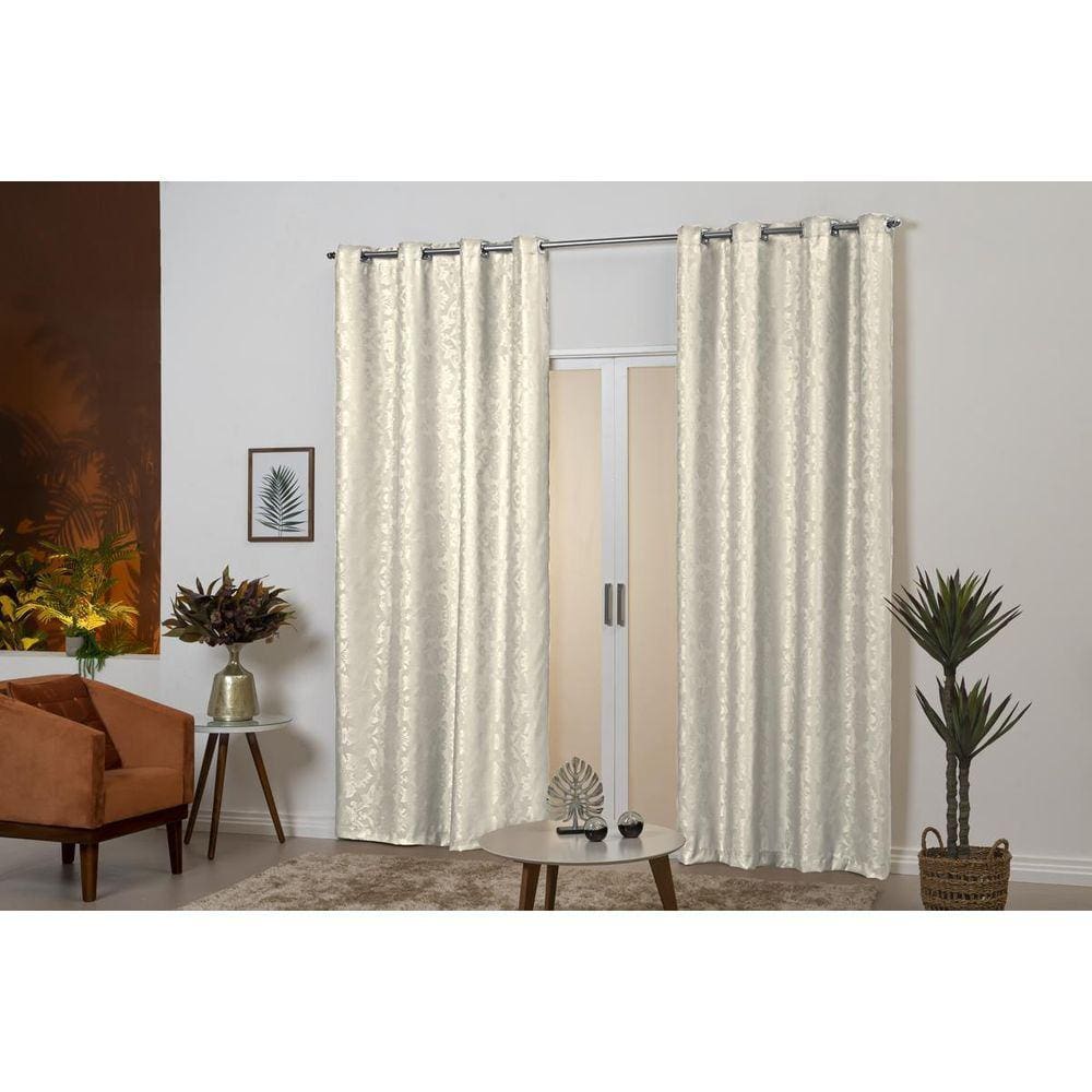 Cortina Tecido Jacquard Desenho De Flores 4M Palha