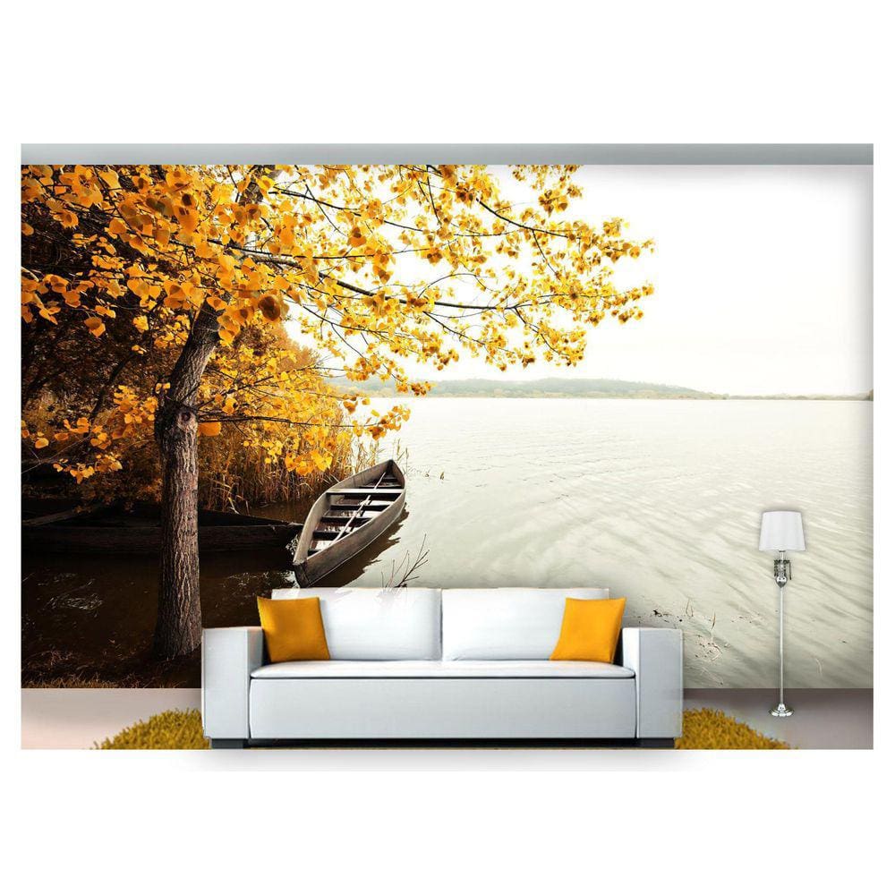 Papel De Parede Lago Canoa Árvore Outono 3D Nlk136 3M²