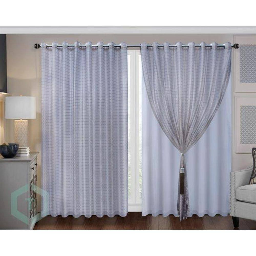 Cortina Quarto Voal Xadrez Cinza Com Forro Branco 3,00X2,20M