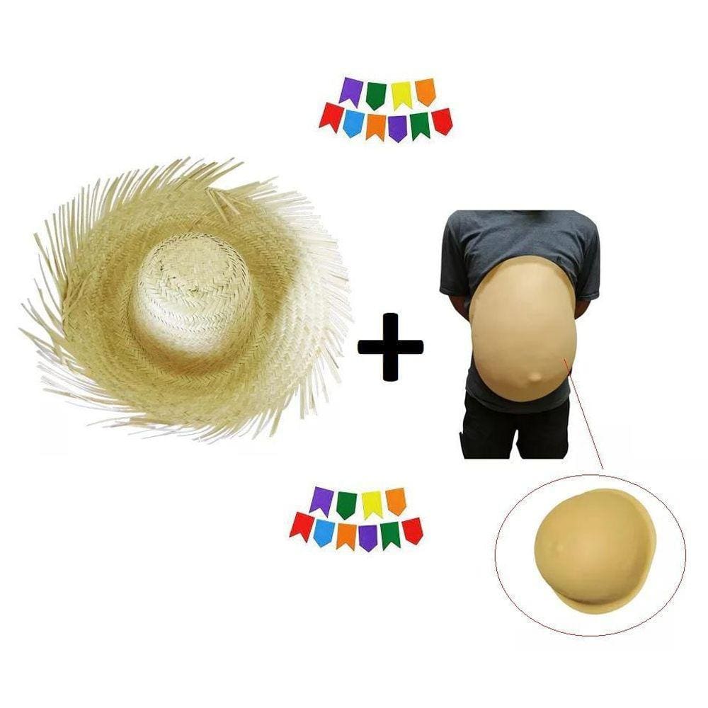 Kit Festa Junina Caipira Barriga Falsa + Chapéu Palha Adulto