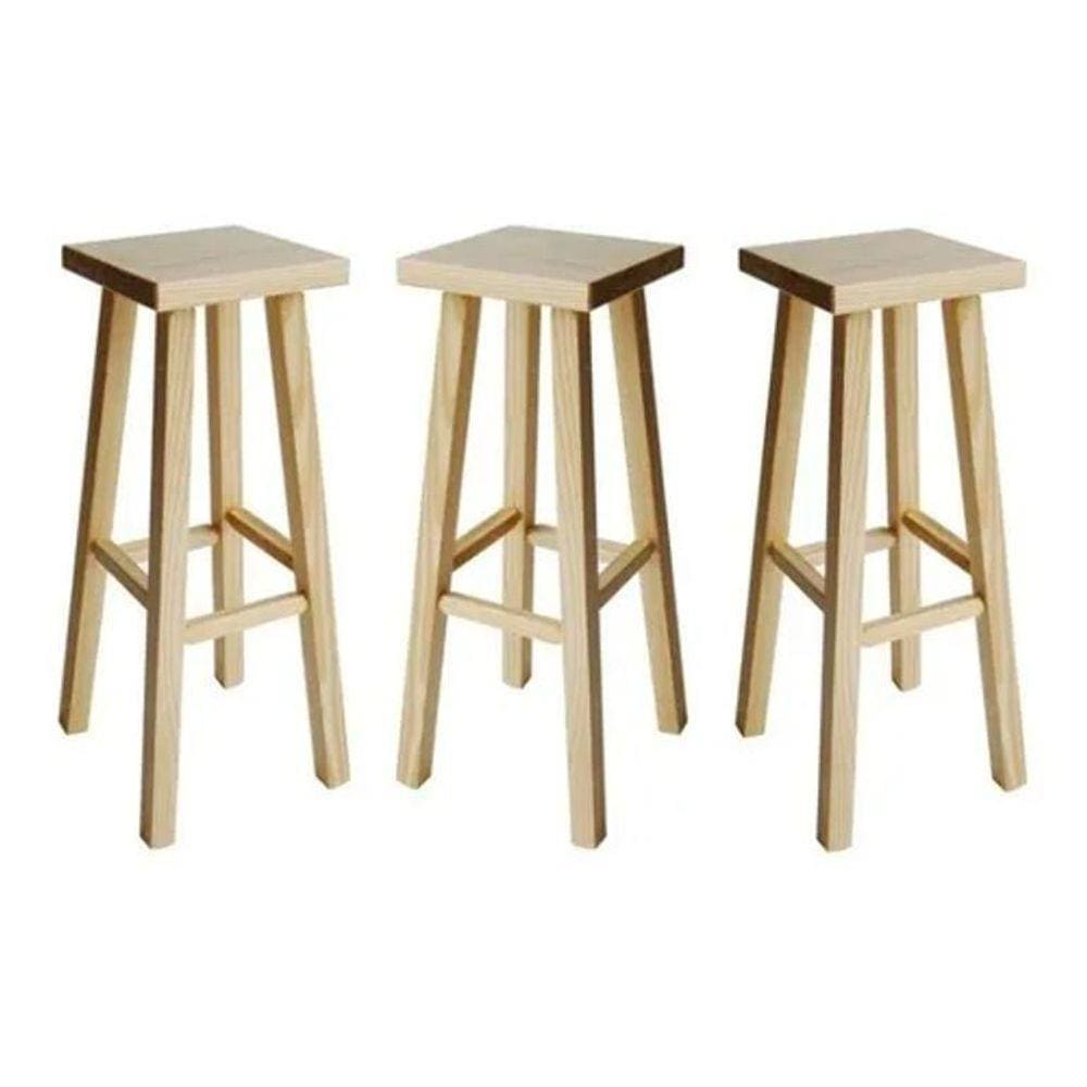 Kit 3 Banqueta Alta Hardman Madeira Natural Assento Quadrado
