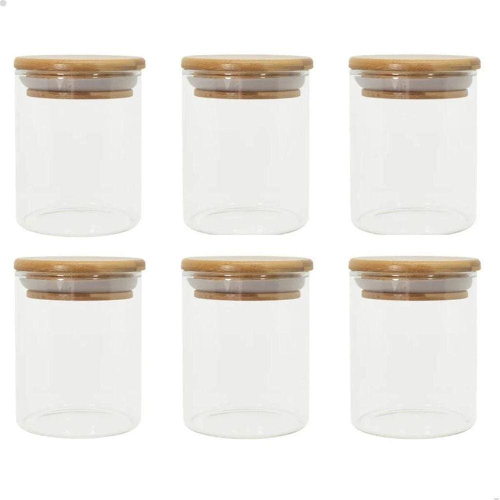 Kit 6 Potes Vidro 200Ml Hermético Tampa Redonda Bambu Oikos