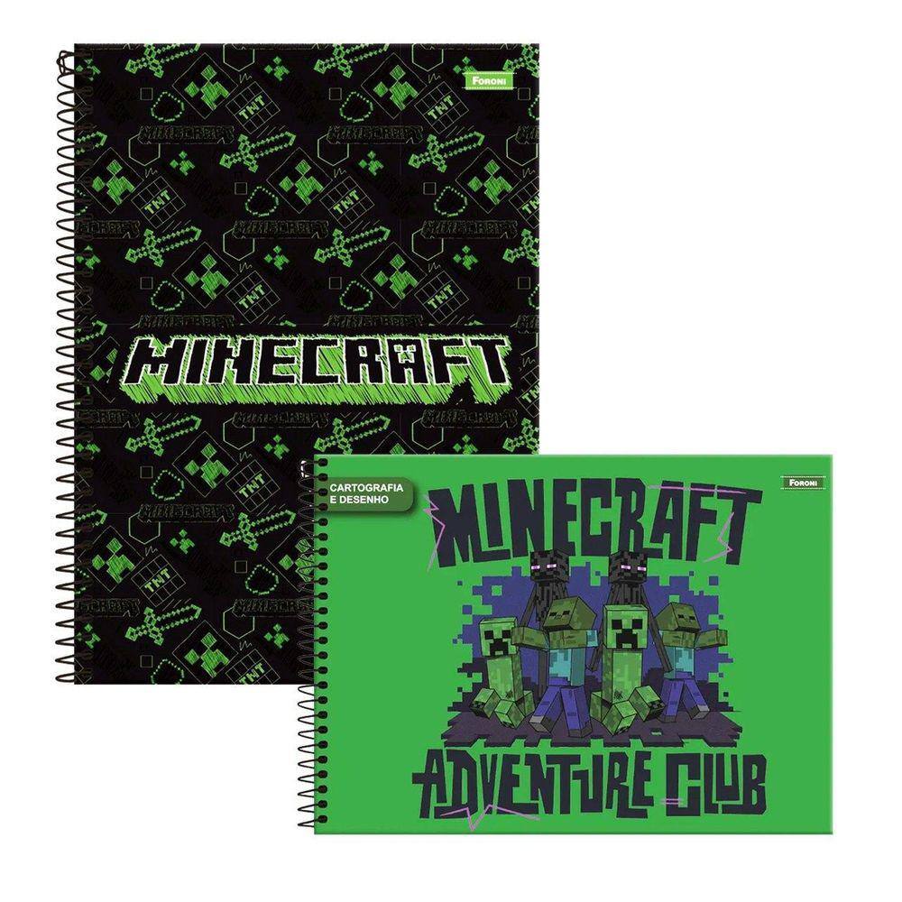 Kit 2 Cadernos Espiral Minecraft + Caderno Desenho Minecraft