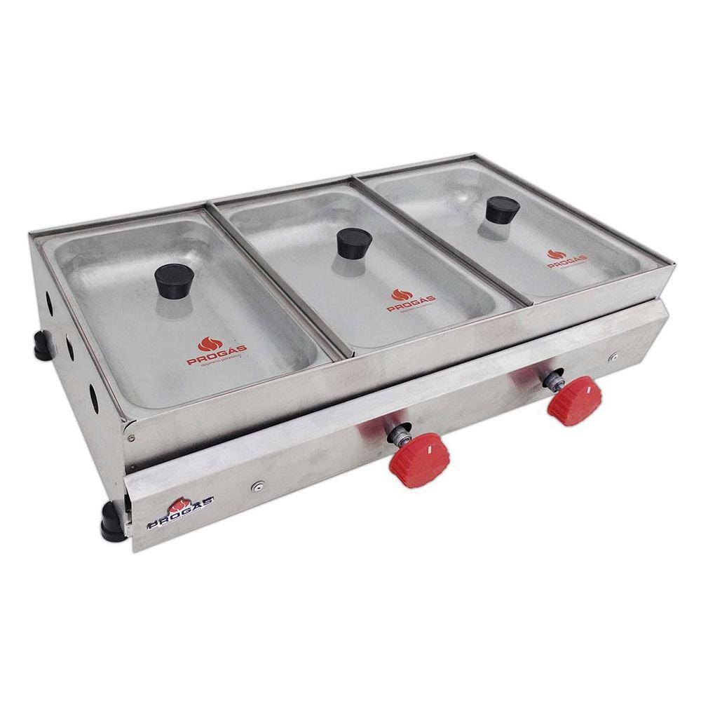 Rechaud Molheira A Gás 3 Cubas Tampa De Vidro Inox Pr-03G