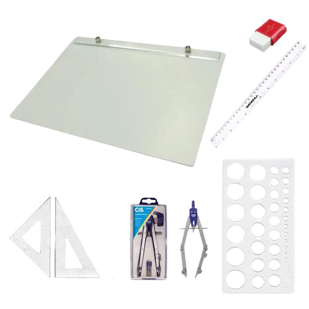 Kit Prancheta A4 Formica Esquadro 26Cm Gabarito Borracha