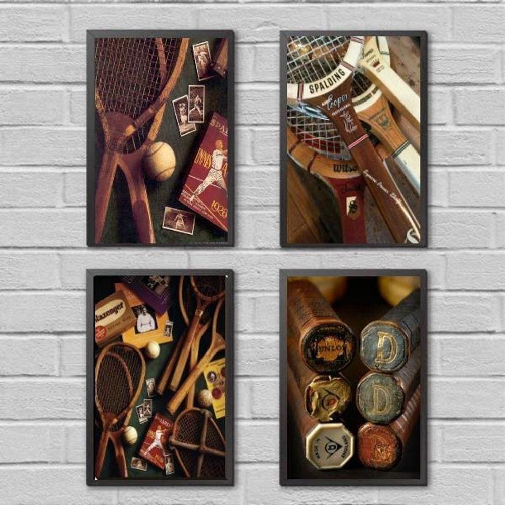 Kit 4 Quadros Esporte Tênis Vintage 45X34Cm Com Vidro Preta