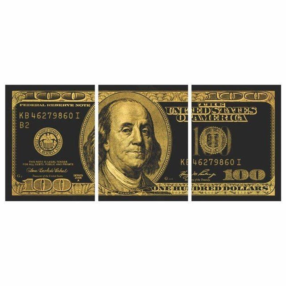 Quadro Decorativo Nota 100 Dólares 3 Peças 160x65cm