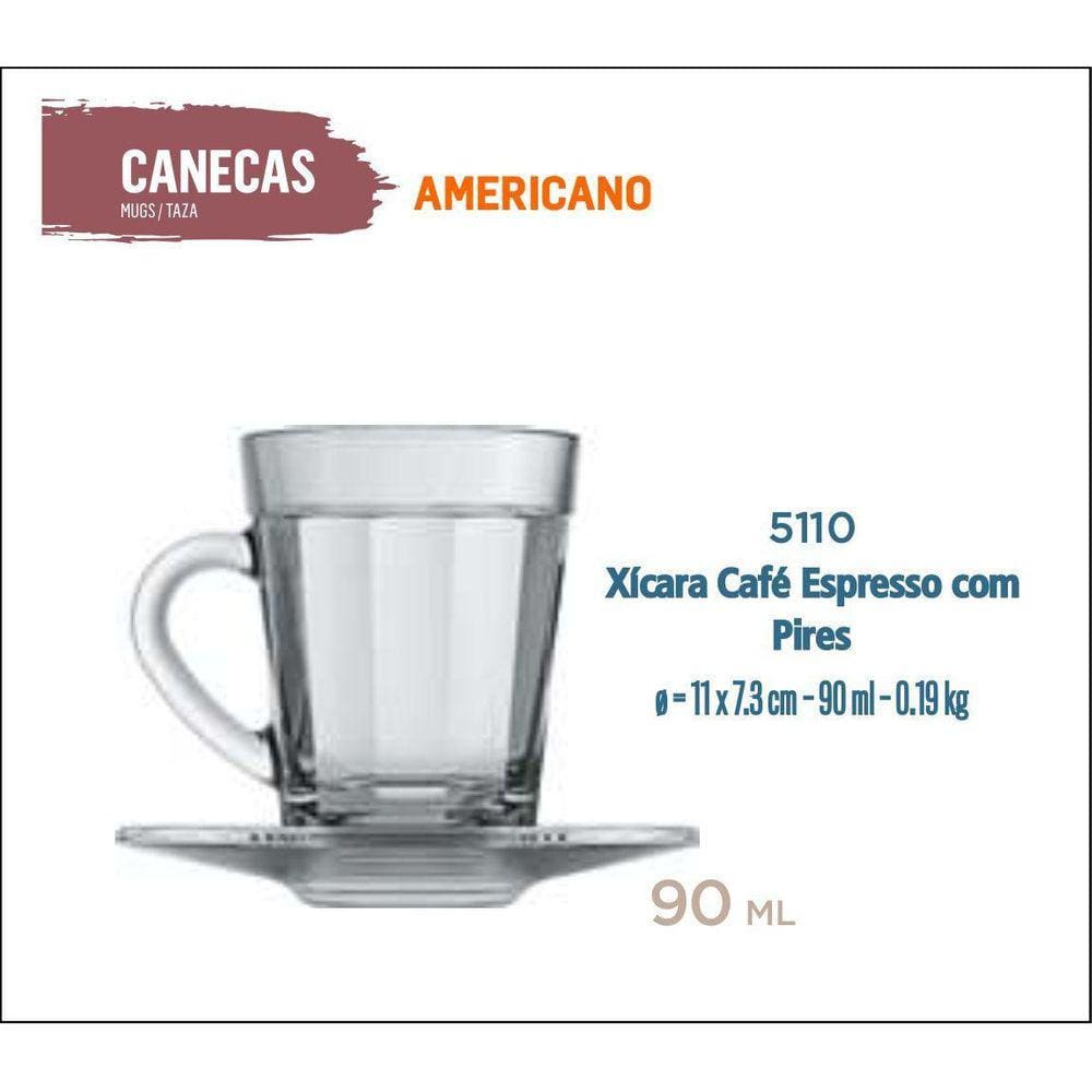 06 Xícaras Café Americano Com Pires Café Expresso Curto 90Ml