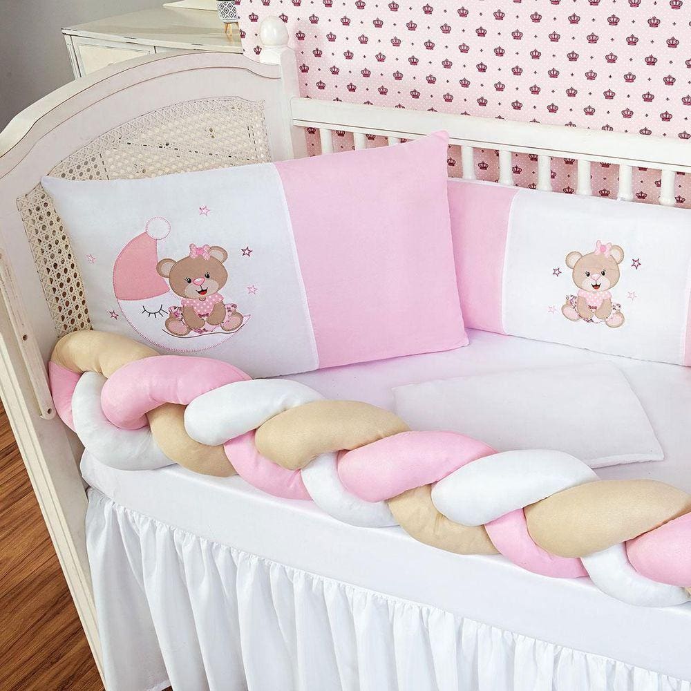 Kit Protetor Berço Padrão Americano Ursinha Lua Rosa 6 Pçs