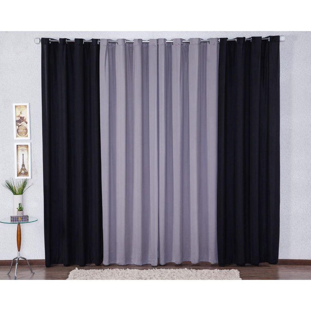 Cortina 300X280 Com Ilhós P Sala Malha Gel - Cinza/Preto