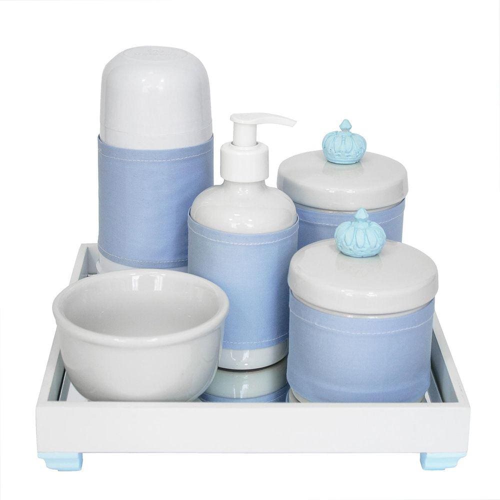 Kit Higiene Bebê Potes Porcelana Bandeja Espelho Coroa Azul