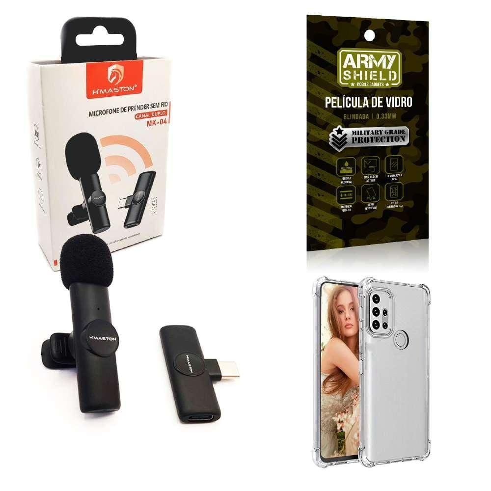 Kit Microfone Sem Fio + Capinha Motorola G30 E Película 3D