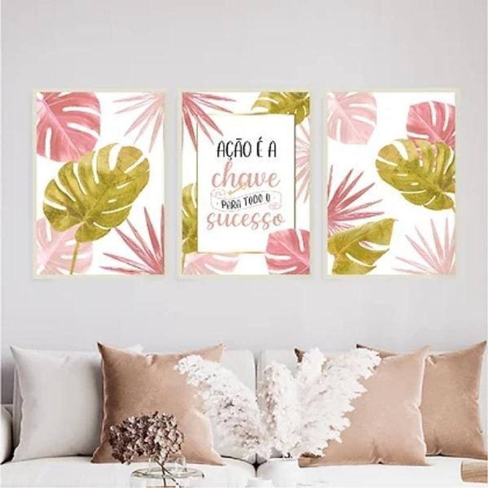 Kit 3 Quadros Ação É A Chave Para O Sucesso 24X18Cm Branca