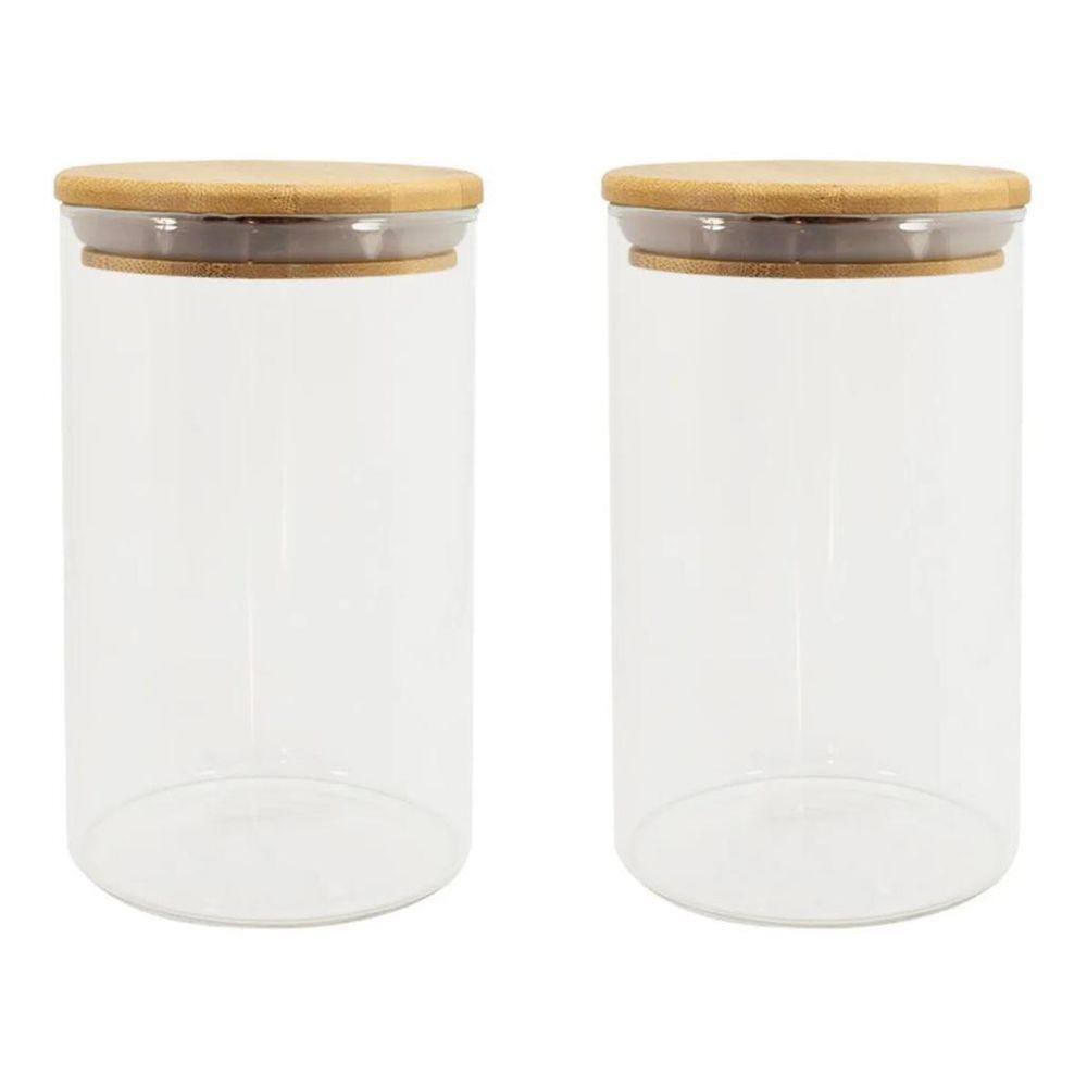 Kit 2 Potes De Vidro 1100Ml Hermético Tampa Bambu Oikos