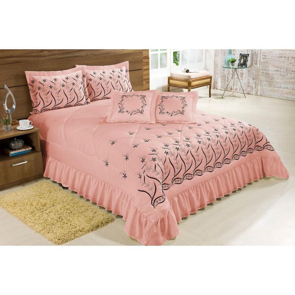 Kit Leito Casal Super King Desejos 7Peças Bordado Salmão