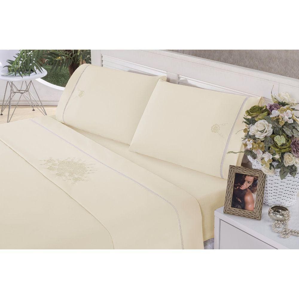 Jogo de lençol Queen Bordado Crivo 4 peças Percal Palha