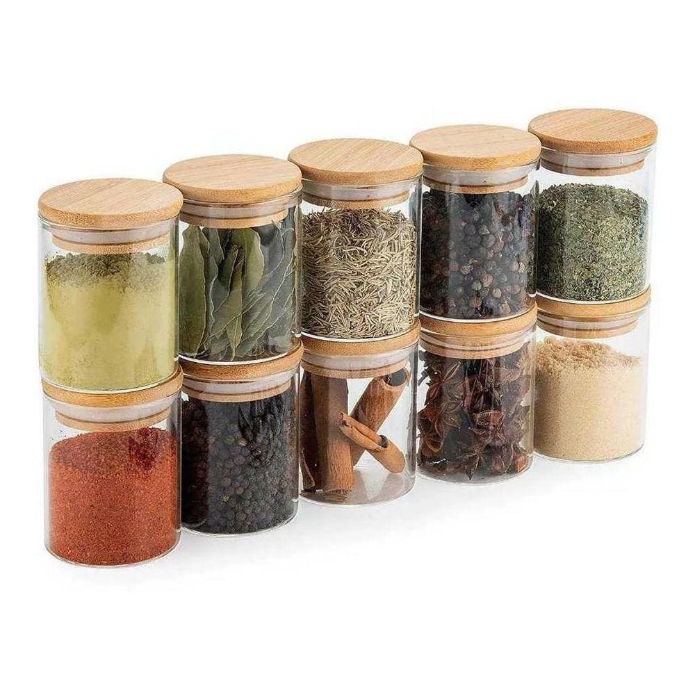 Kit 12 Potes Vidro 200Ml Hermético Tampa Redonda Bambu Oikos