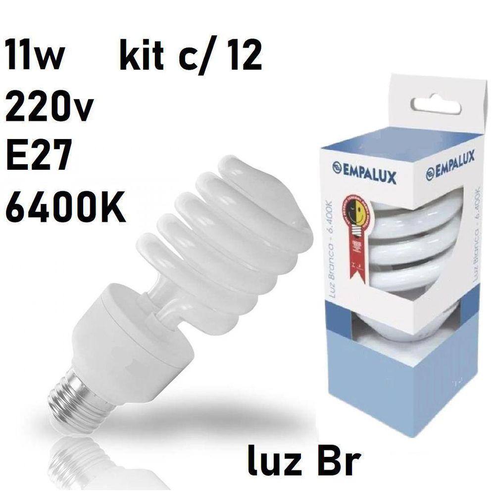 12 Lâmpadas Fluorescente 11W 220V 6400K Espiral E27 Branca