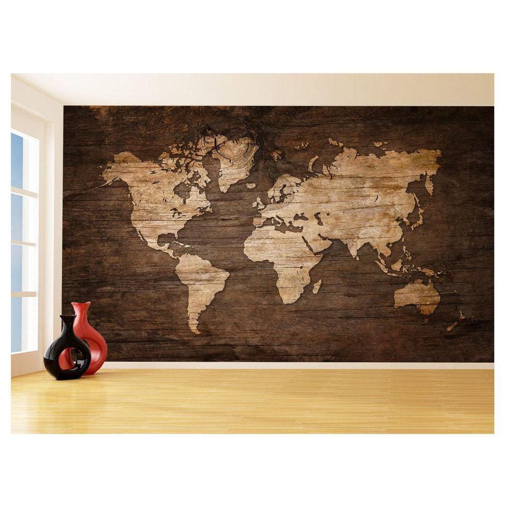 Papel De Parede 3D Mapa Mundi Madeira Arte Cores 3,5M Nmu70