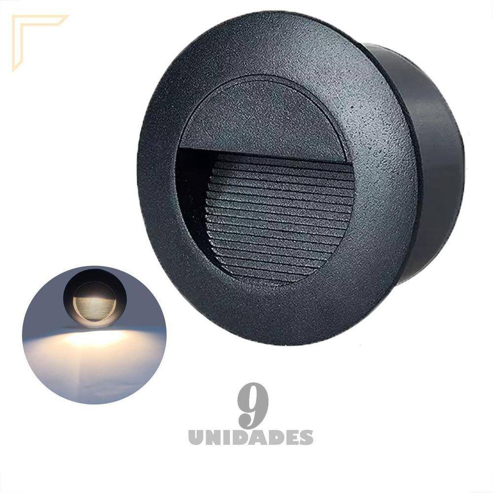 Kit 9 Balizador Embutido Preto Redondo Parede Led 3000K
