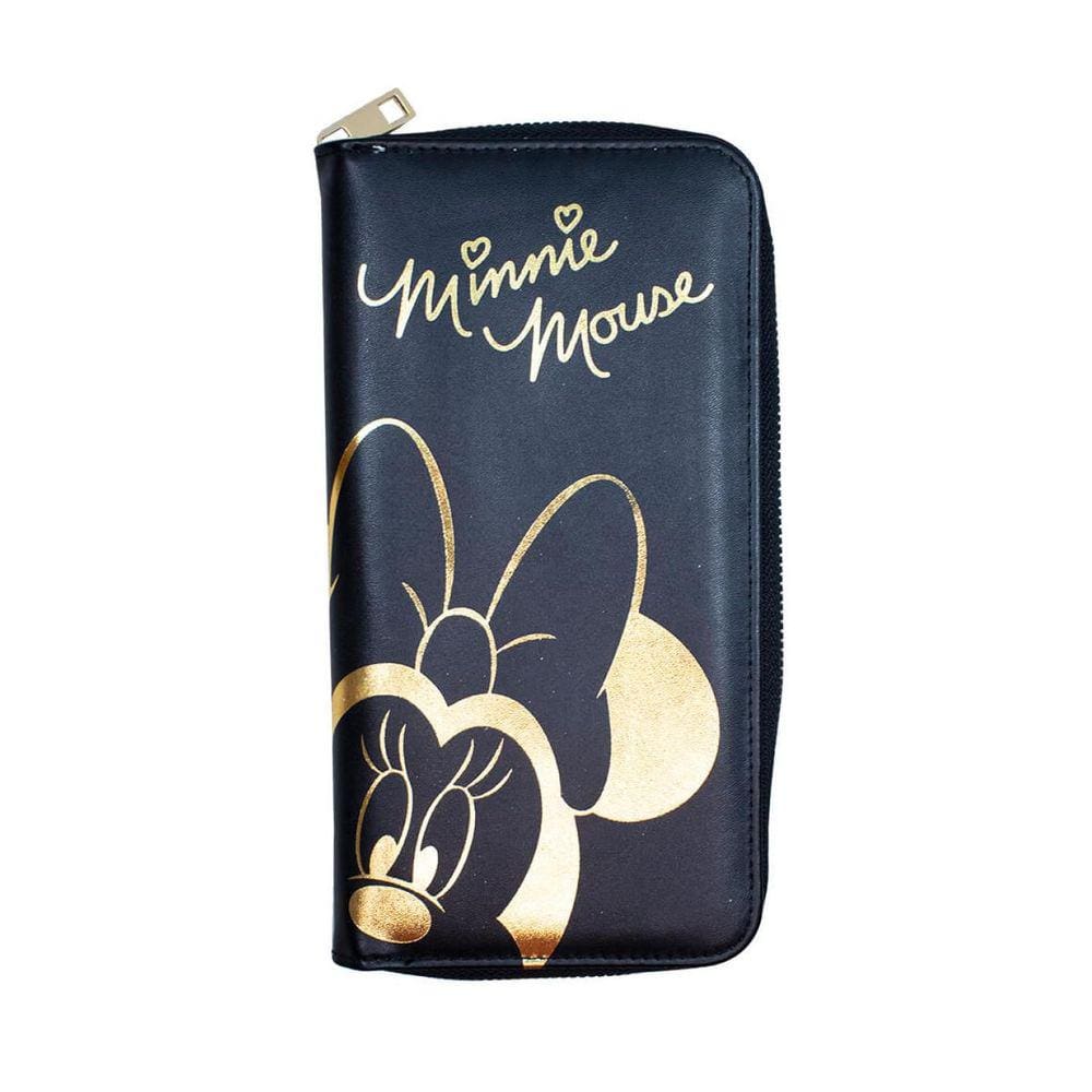 Carteira De Mão Preta Minnie Mouse Brilhante Dourada Grande
