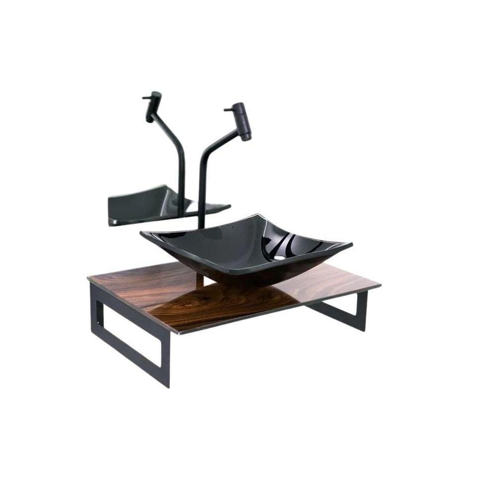 Gabinete De Vidro 50Cm Madeira Nogueira + Torneira Preta