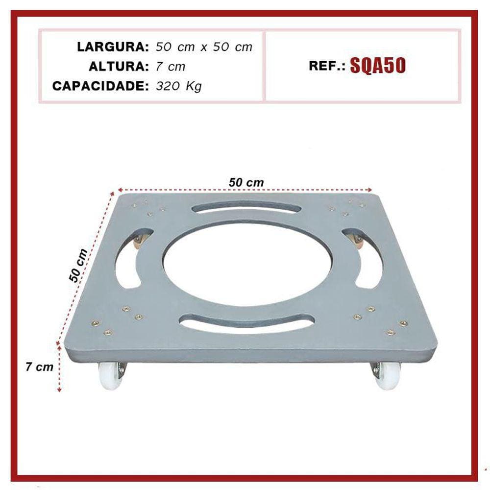 Suporte De Alumínio Quadrado Com Rodízios Gel Para Vaso 50Cm