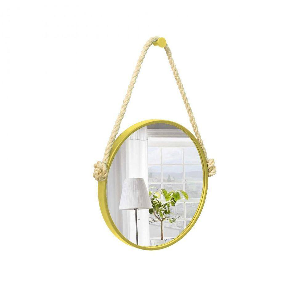 Espelho Decorativo Adnet Amarelo Alça Sisal Natural 30Cm