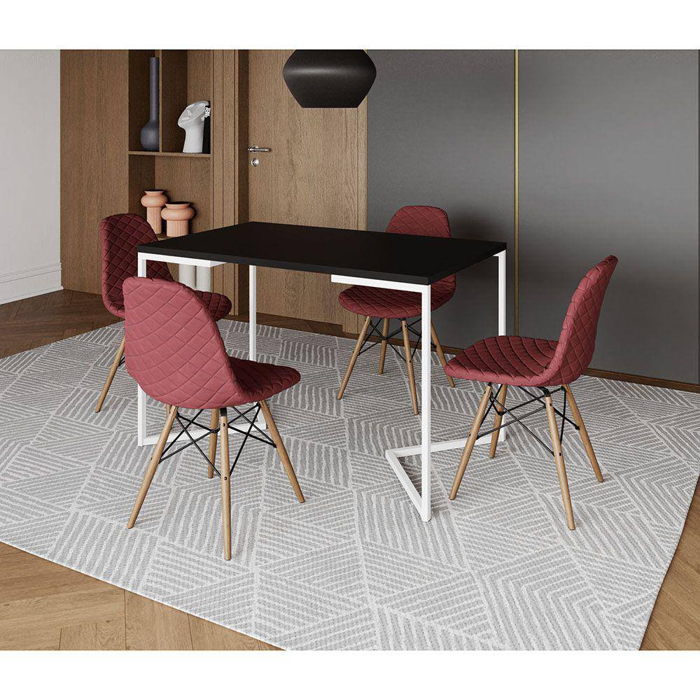 Mesa Jantar Industrial com 4 Cadeiras Estofada Vermelha Madeira Tampo Preto 120x75 Base V Aço Branco