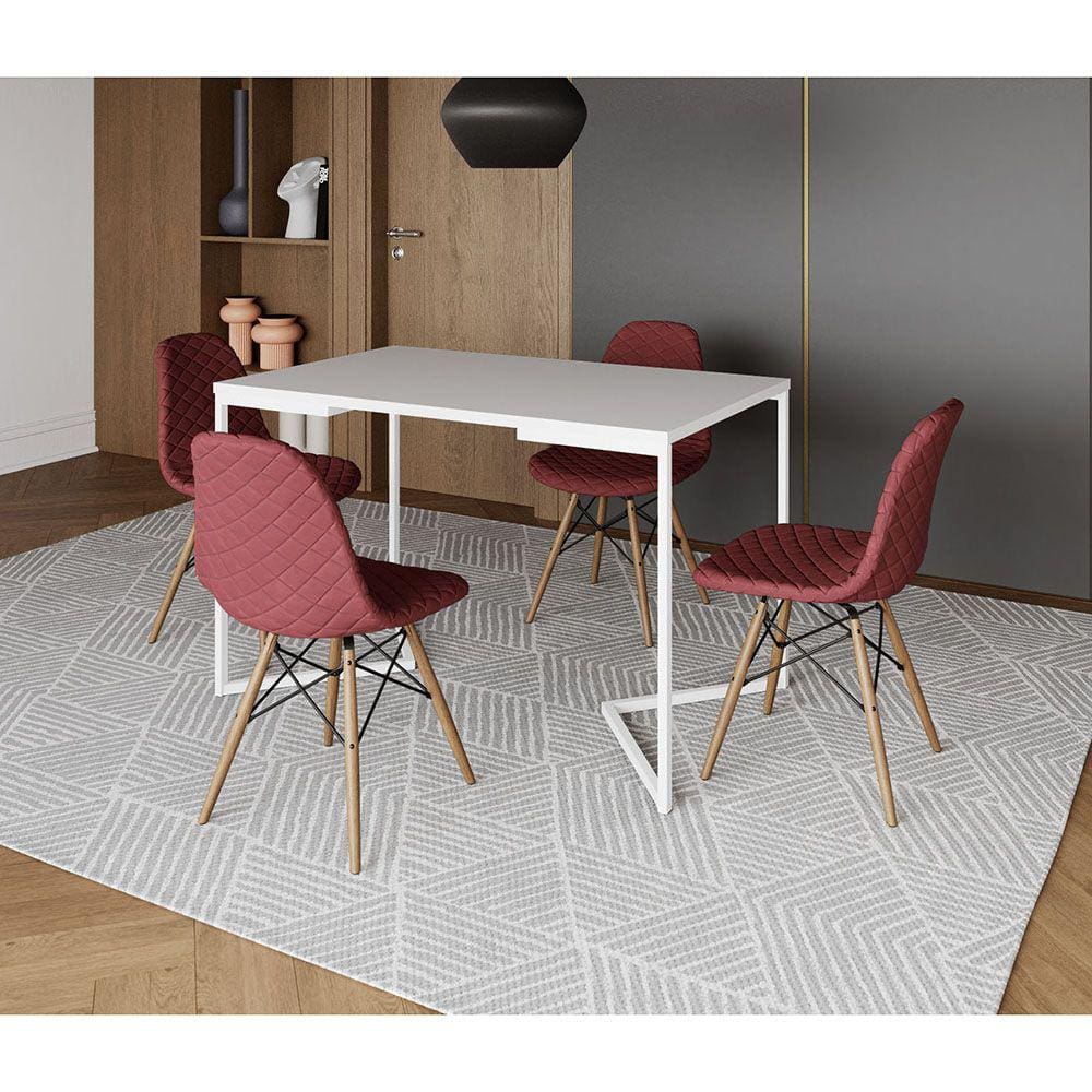 Mesa Jantar Industrial + 4 Cadeiras Estofadas Vermelha Madeira Tampo Branco 120x75 Base V Aço Branco