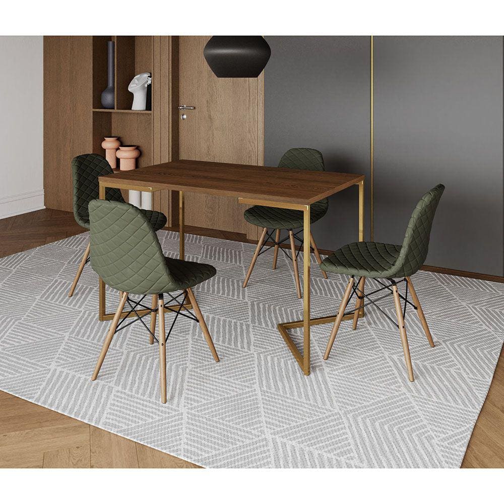 Mesa Jantar Industrial com 4 Cadeiras Estofadas Verde Madeira Tampo Amêndoa 120x75 Base V Aço Dourad