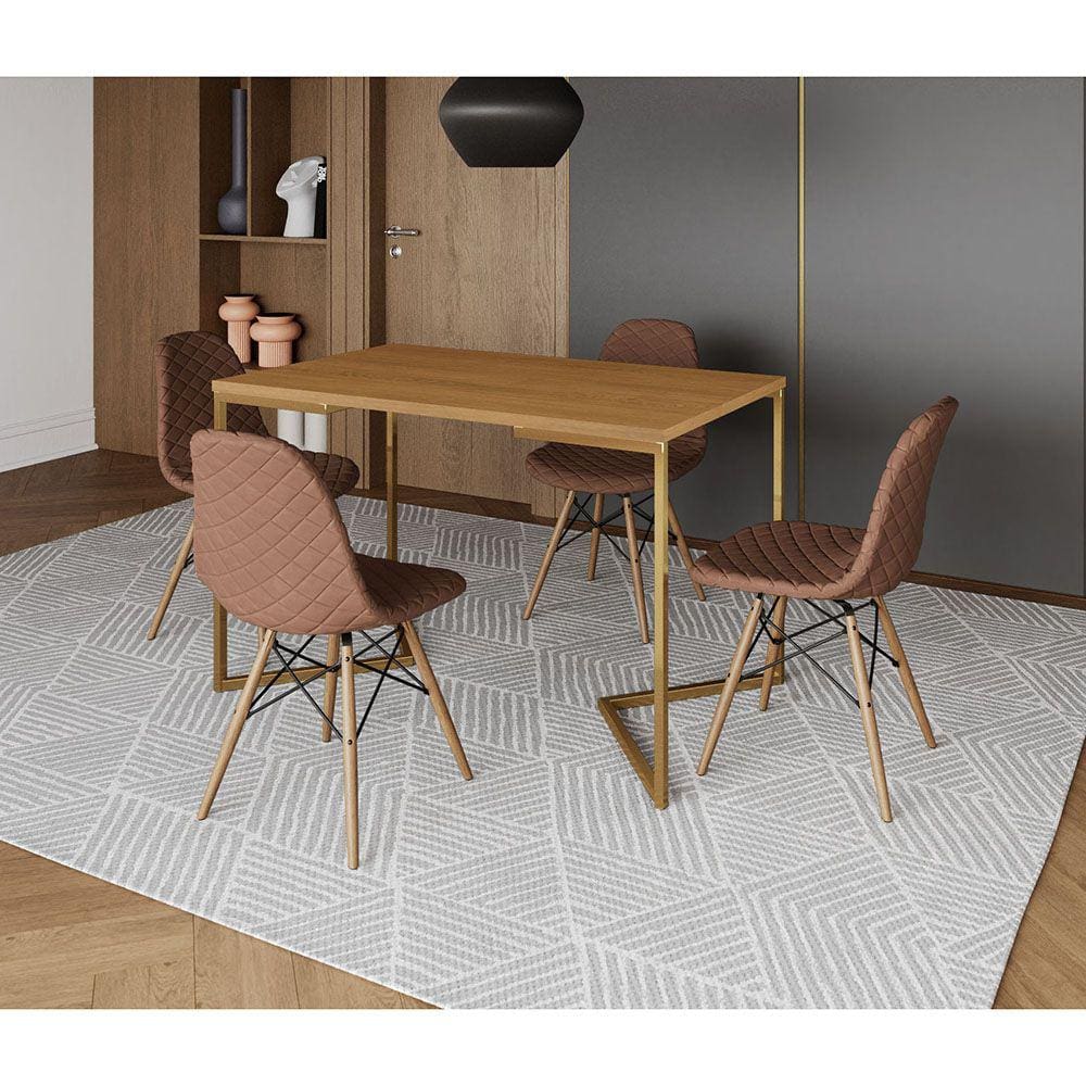 Mesa Jantar Industrial com 4 Cadeiras Estofada Vermelha Madeira Tampo Canela 120x75 Base V Aço Doura