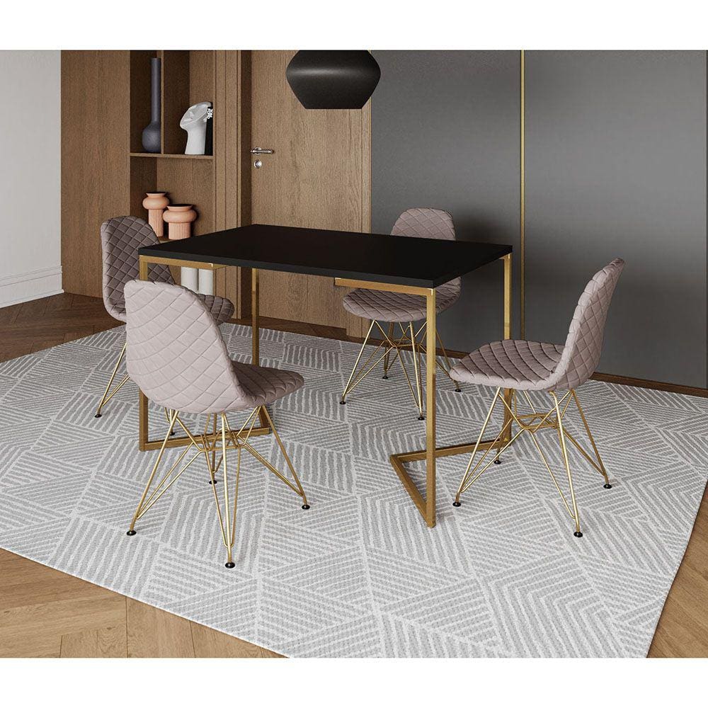 Mesa Jantar Industrial Retangular Preta 120x75 Base V 4 Cadeiras Estofada Eames Nude Médio Aço Doura
