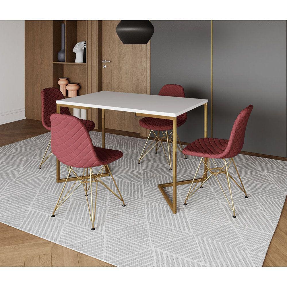 Mesa Jantar Industrial Retangular Branca 120x75 Base V com 4 Cadeiras Estofadas Vermelha Aço Dourado
