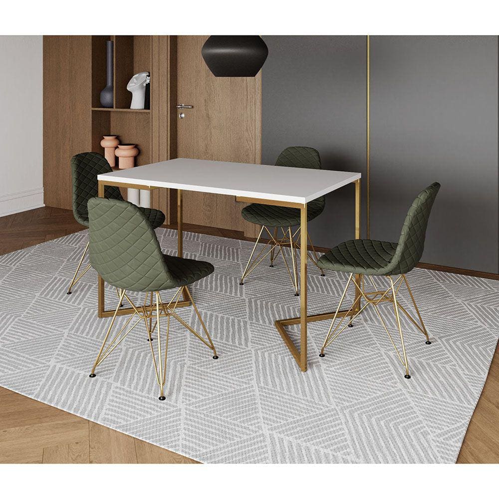 Mesa Jantar Industrial Retangular Branca 120x75 Base V com 4 Cadeiras Estofadas Verde Aço Dourado