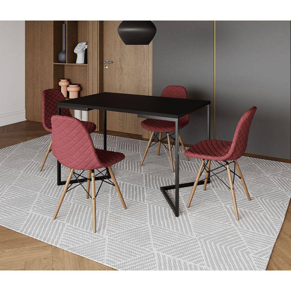 Mesa Jantar Industrial com 4 Cadeiras Estofadas Vermelha Madeira Tampo Preto 120x75 Base V Aço Preto