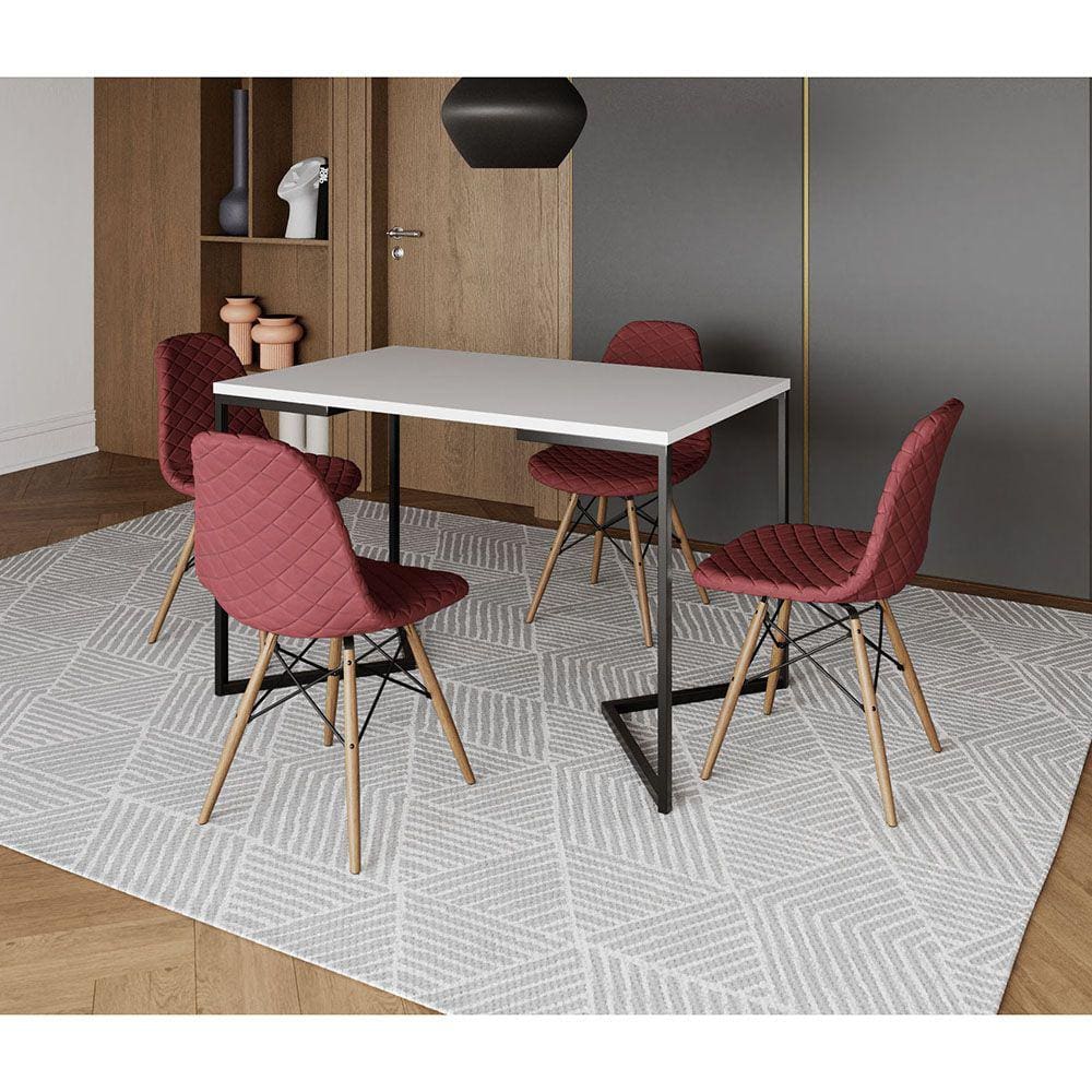 Mesa Jantar Industrial com 4 Cadeiras Estofadas Vermelha Madeira Tampo Branco 120x75 Base V Aço Pret