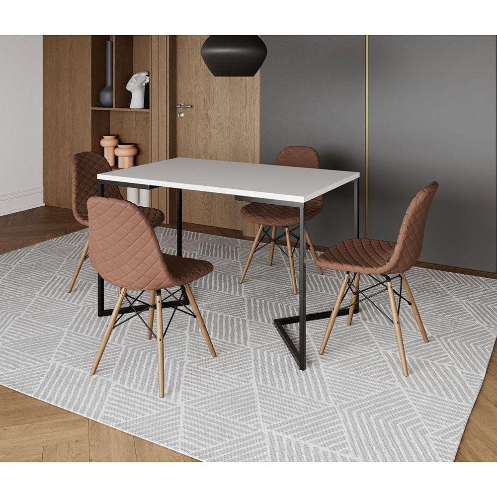 Mesa Jantar Industrial com 4 Cadeiras Estofadas Caramelo Madeira Tampo Branco 120x75 Base V Aço Pret