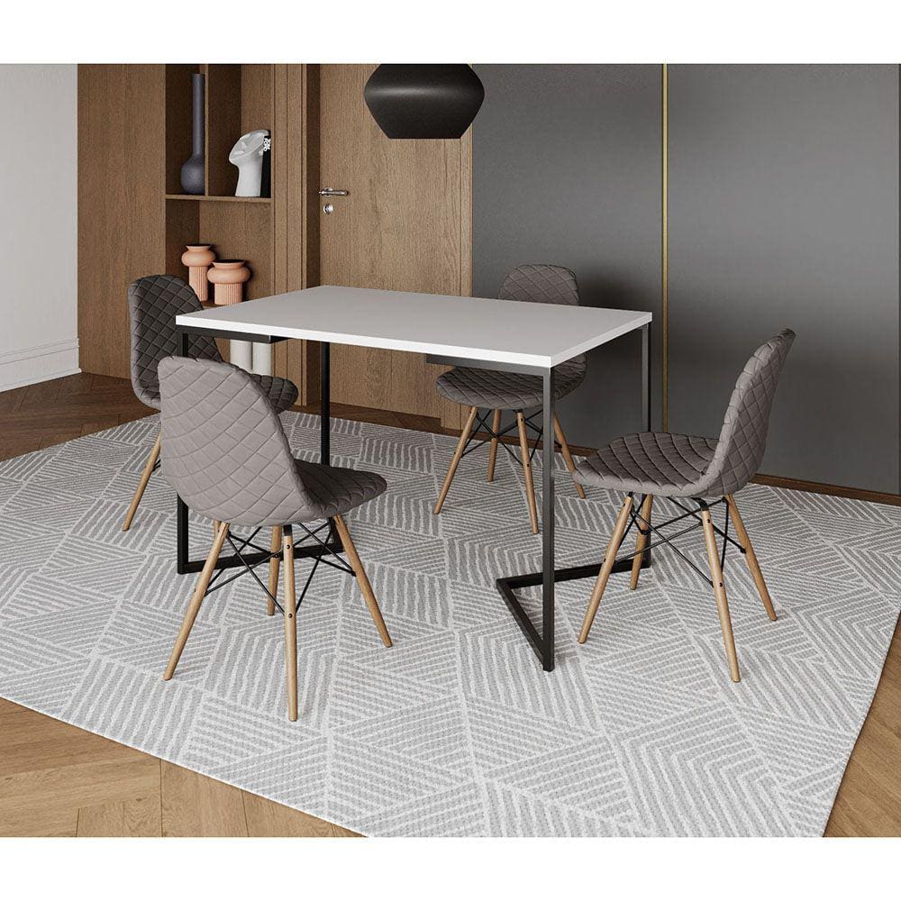 Mesa Jantar Industrial com 4 Cadeiras Estofadas Grafite Madeira Tampo Branco 120x75 Base V Aço Preto