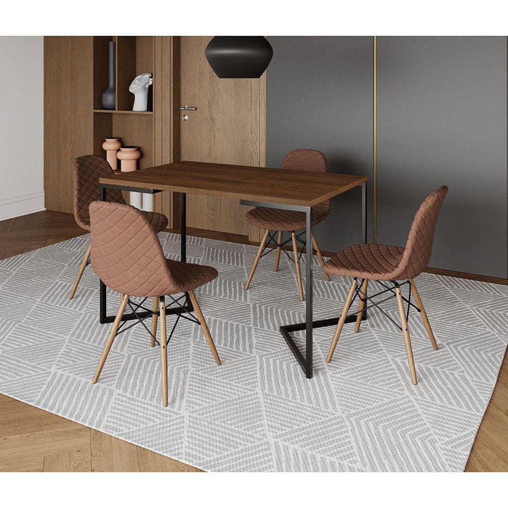 Mesa Jantar Industrial com 4 Cadeiras Estofadas Caramelo Madeira Tampo Amêndoa 120x75 Base V Aço Pre